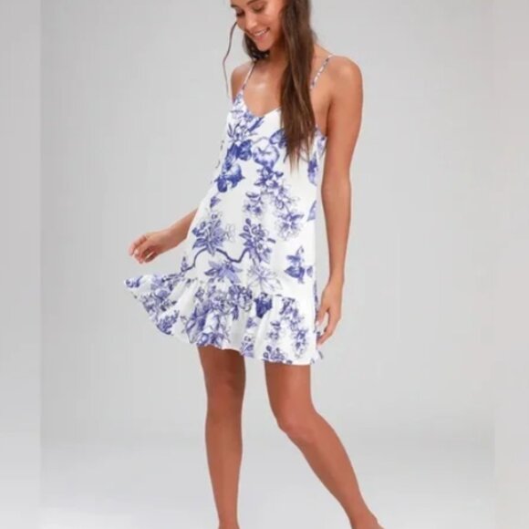 Lulus Garden Bloom Blue and White Floral Print Ruffled Shift Dress - Picture 1 of 7